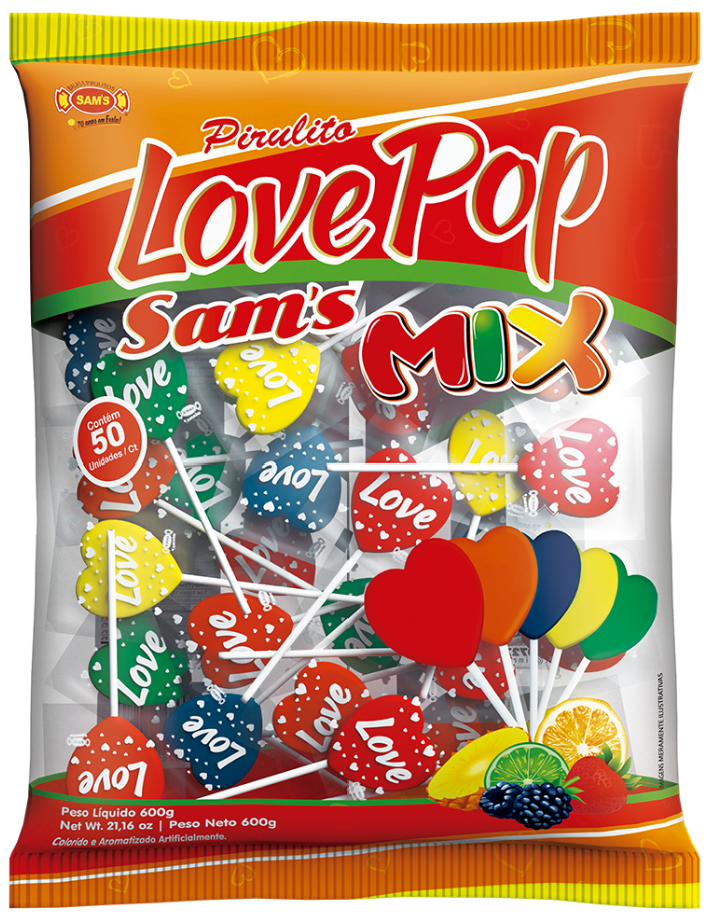 Love Pop Sam’s Mix Heart Lollipops Bag 600g (22 Per Outer)
