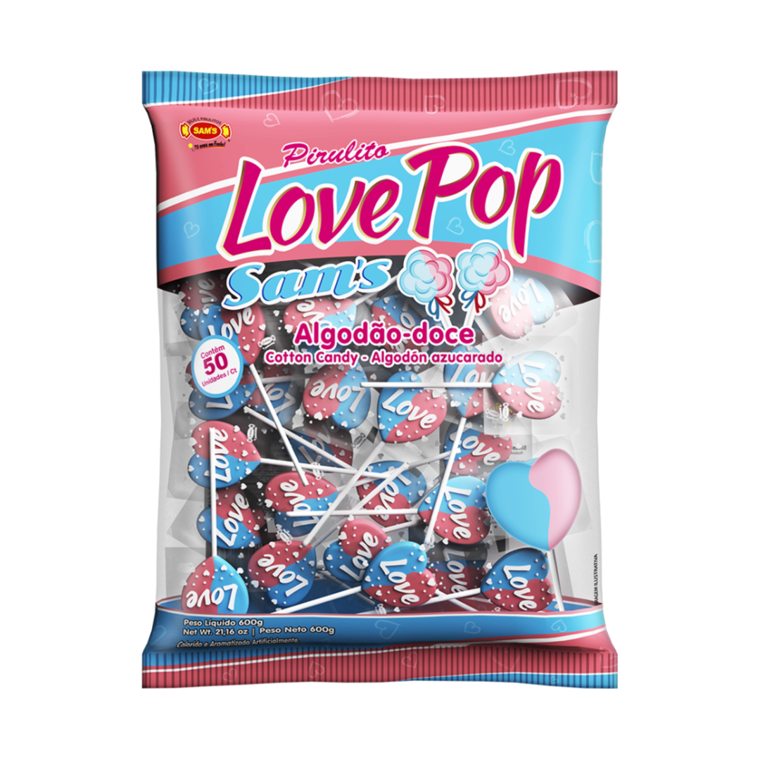 Love Pop Sam’s Cotton Candy Heart Lollipops Bag 600g (22 Per Outer)